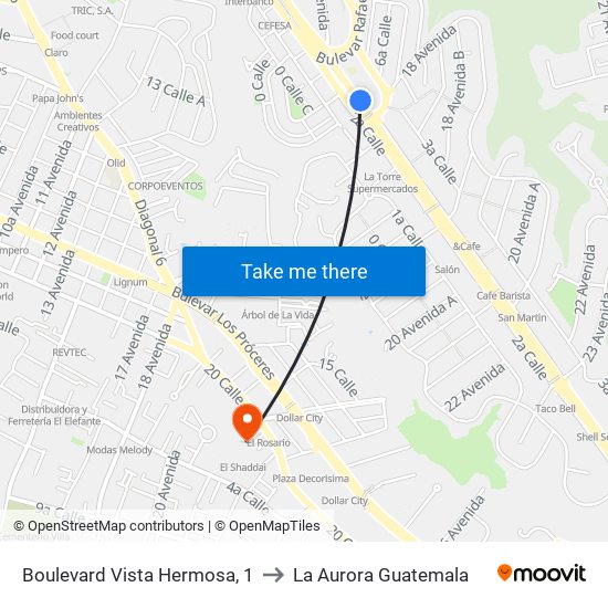Boulevard Vista Hermosa, 1 to La Aurora Guatemala map