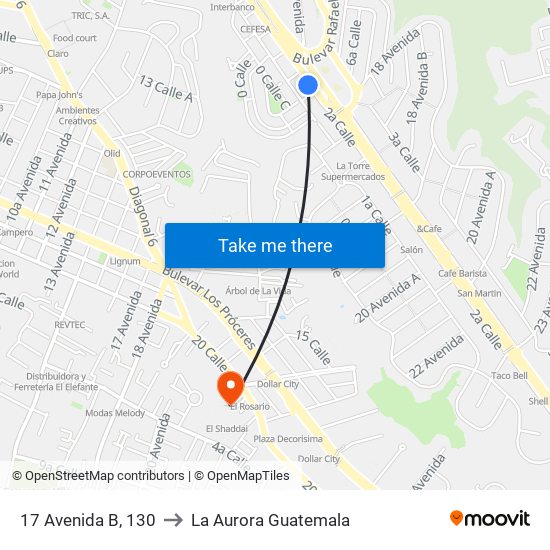 17 Avenida B, 130 to La Aurora Guatemala map