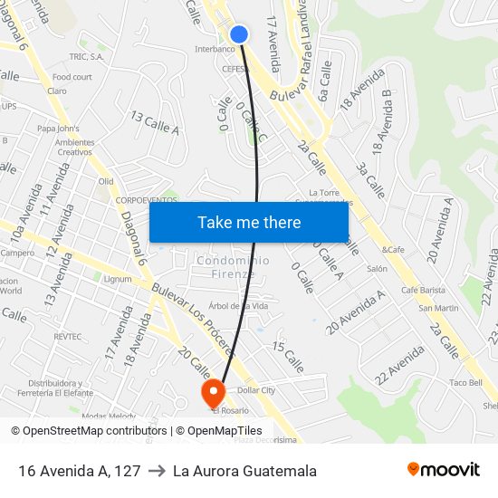 16 Avenida A, 127 to La Aurora Guatemala map