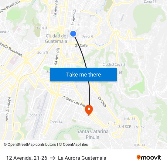 12 Avenida, 21-26 to La Aurora Guatemala map