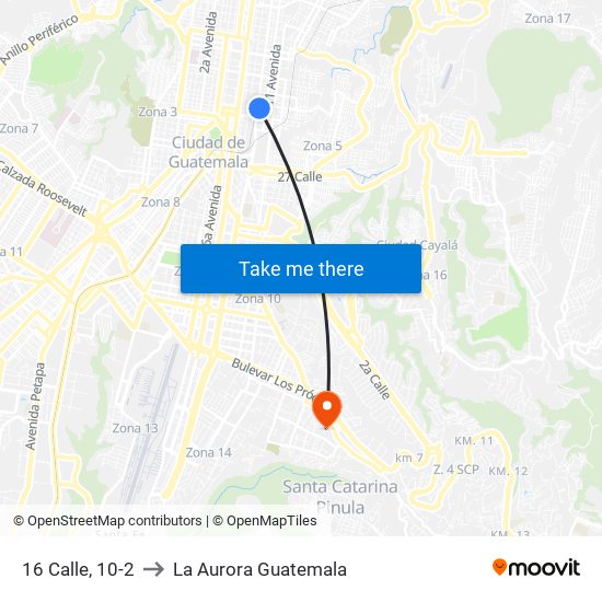 16 Calle, 10-2 to La Aurora Guatemala map