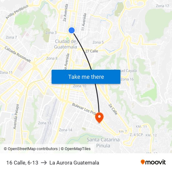 16 Calle, 6-13 to La Aurora Guatemala map