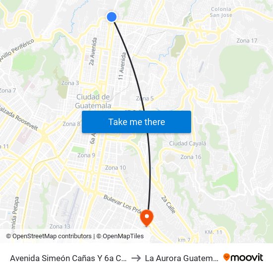 Avenida Simeón Cañas Y 6a Calle to La Aurora Guatemala map