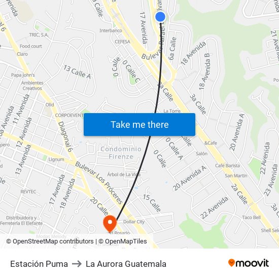 Estación Puma to La Aurora Guatemala map