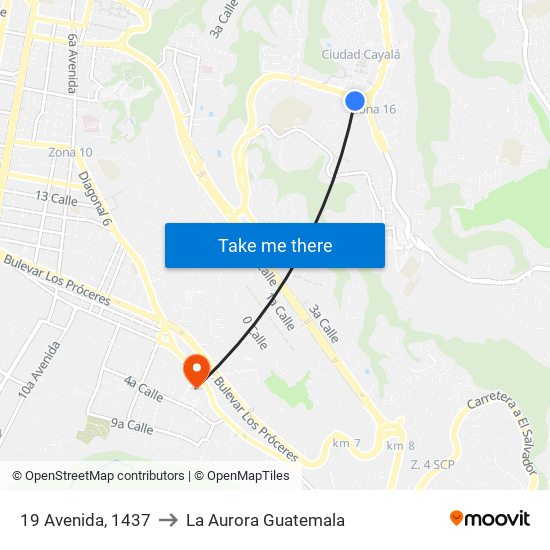 19 Avenida, 1437 to La Aurora Guatemala map