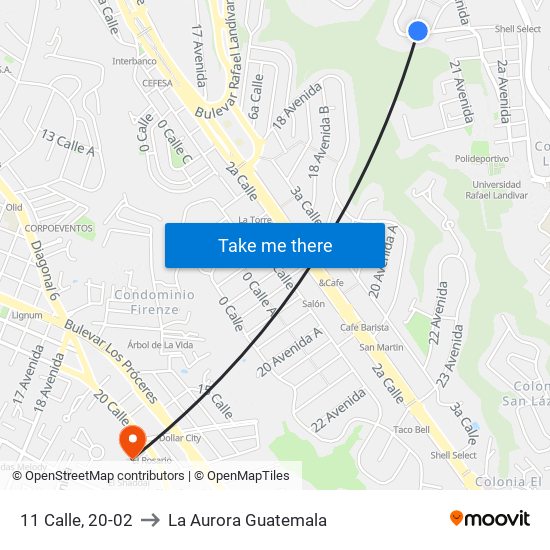 11 Calle, 20-02 to La Aurora Guatemala map