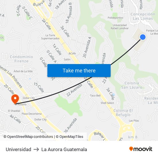 Universidad to La Aurora Guatemala map