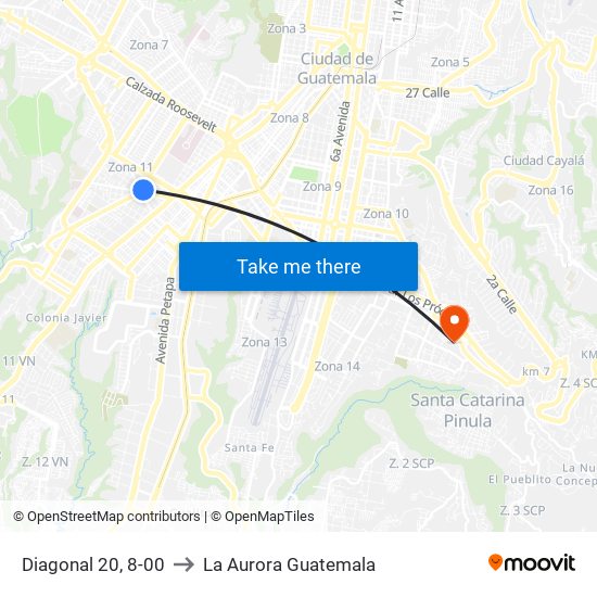 Diagonal 20, 8-00 to La Aurora Guatemala map
