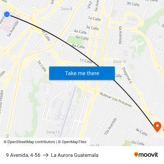 9 Avenida, 4-56 to La Aurora Guatemala map