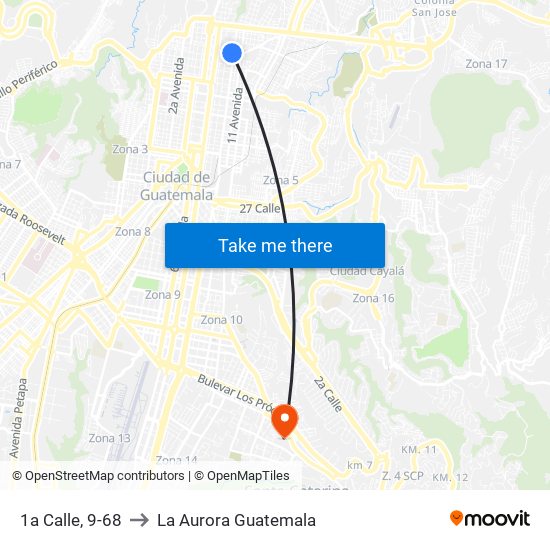 1a Calle, 9-68 to La Aurora Guatemala map