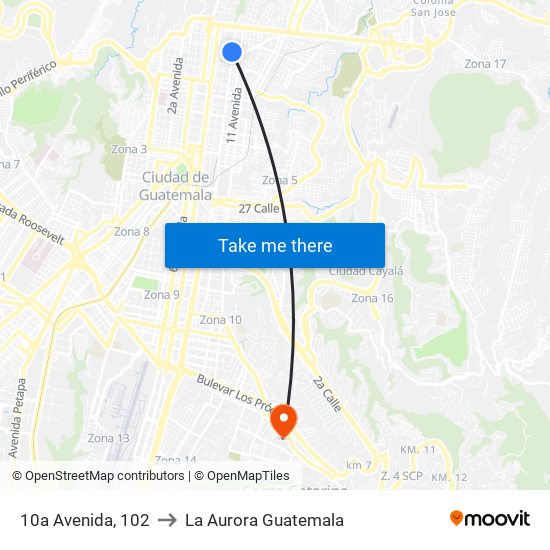 10a Avenida, 102 to La Aurora Guatemala map