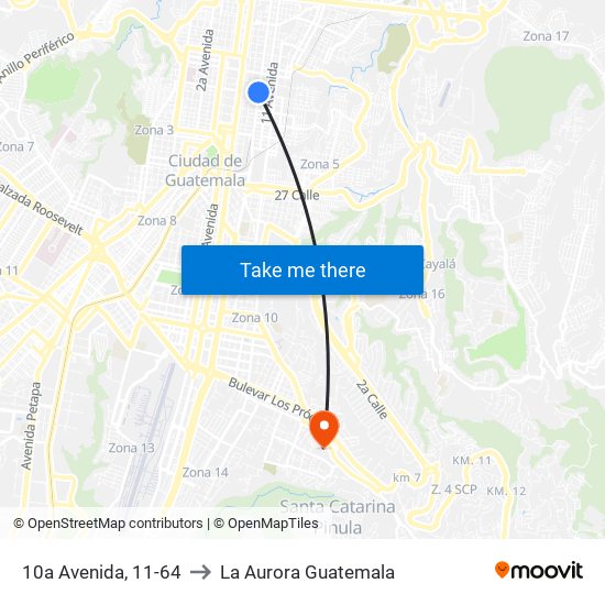 10a Avenida, 11-64 to La Aurora Guatemala map