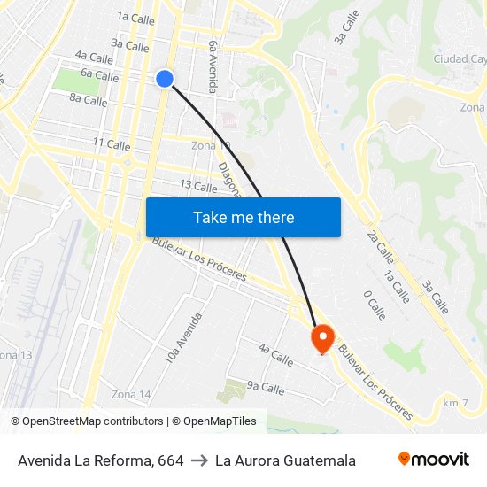 Avenida La Reforma, 664 to La Aurora Guatemala map