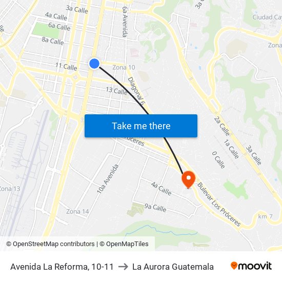 Avenida La Reforma, 10-11 to La Aurora Guatemala map
