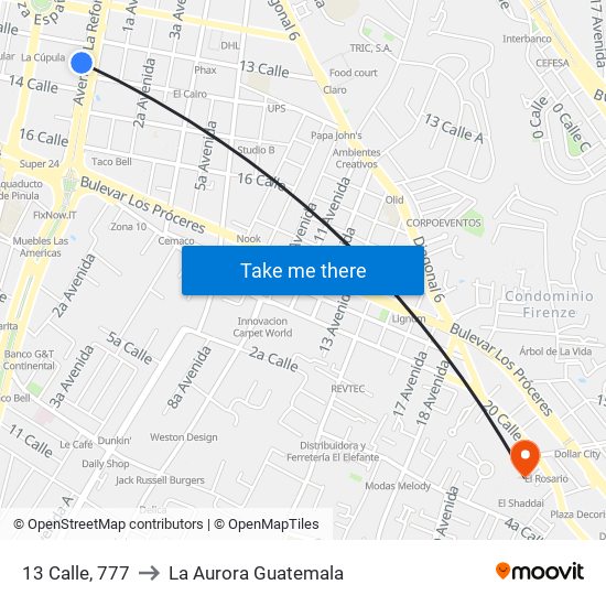 13 Calle, 777 to La Aurora Guatemala map