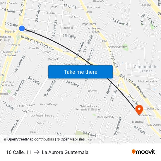 16 Calle, 11 to La Aurora Guatemala map