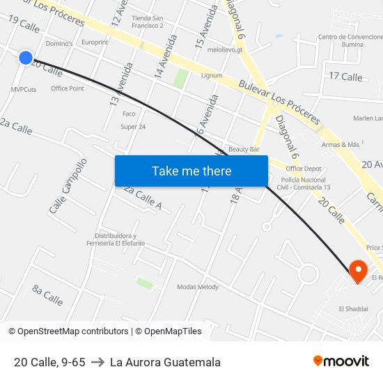 20 Calle, 9-65 to La Aurora Guatemala map