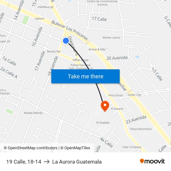 19 Calle, 18-14 to La Aurora Guatemala map