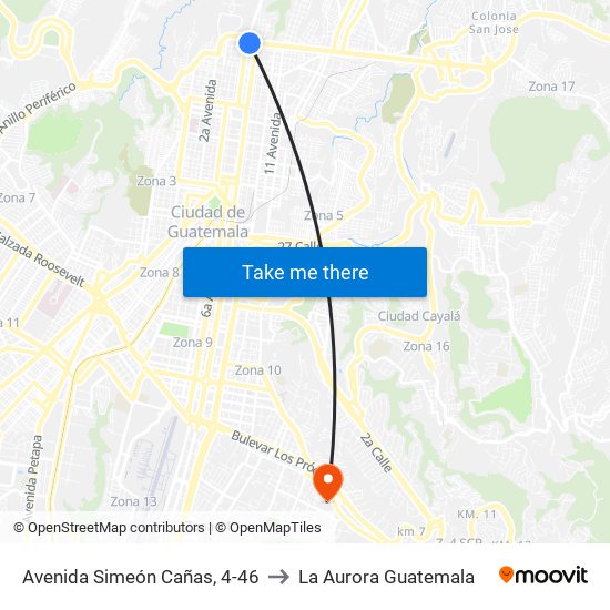 Avenida Simeón Cañas, 4-46 to La Aurora Guatemala map