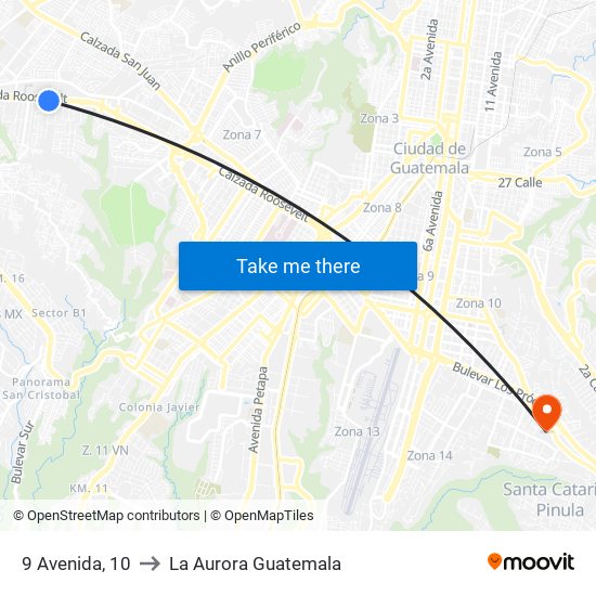 9 Avenida, 10 to La Aurora Guatemala map