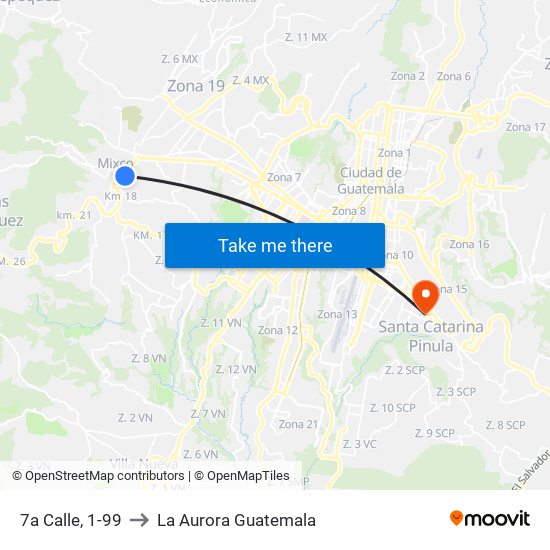 7a Calle, 1-99 to La Aurora Guatemala map