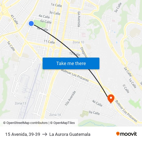 15 Avenida, 39-39 to La Aurora Guatemala map