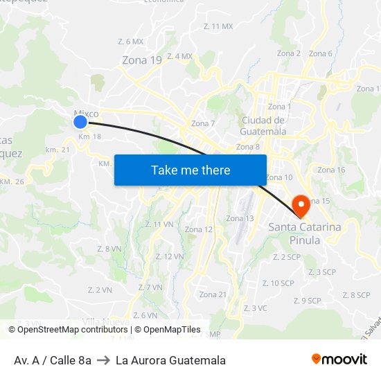 Av. A / Calle 8a to La Aurora Guatemala map