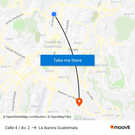 Calle 4 / Av. 2 to La Aurora Guatemala map