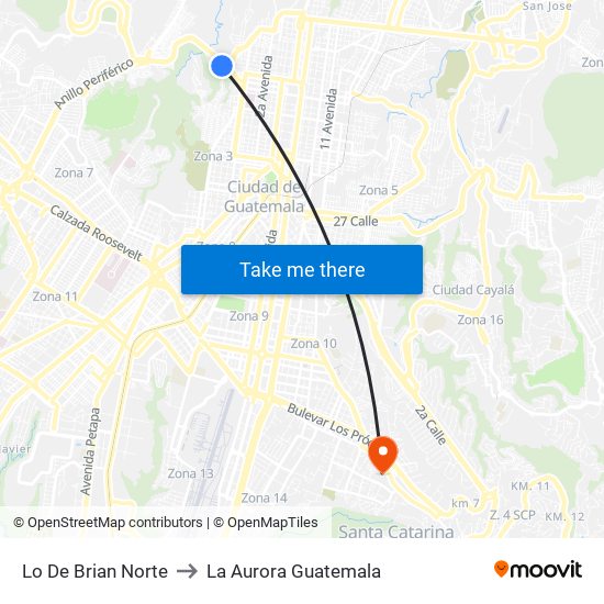 Lo De Brian Norte to La Aurora Guatemala map