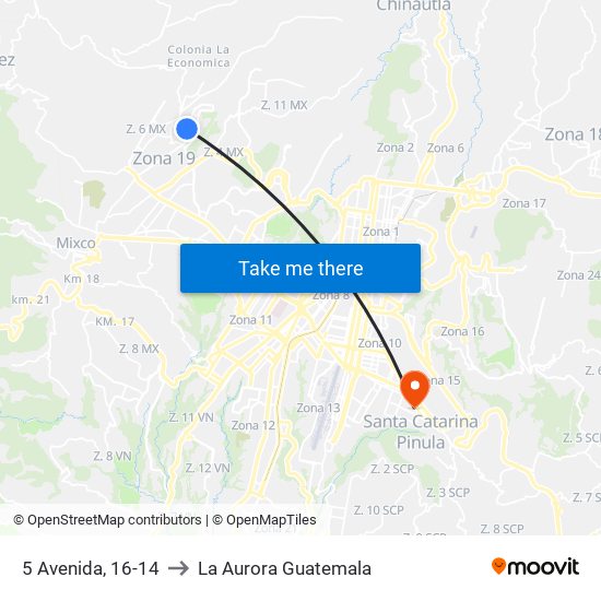 5 Avenida, 16-14 to La Aurora Guatemala map