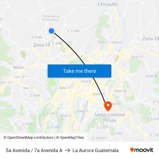 5a Avenida / 7a Avenida A to La Aurora Guatemala map