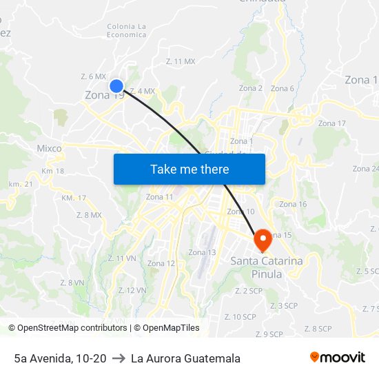 5a Avenida, 10-20 to La Aurora Guatemala map