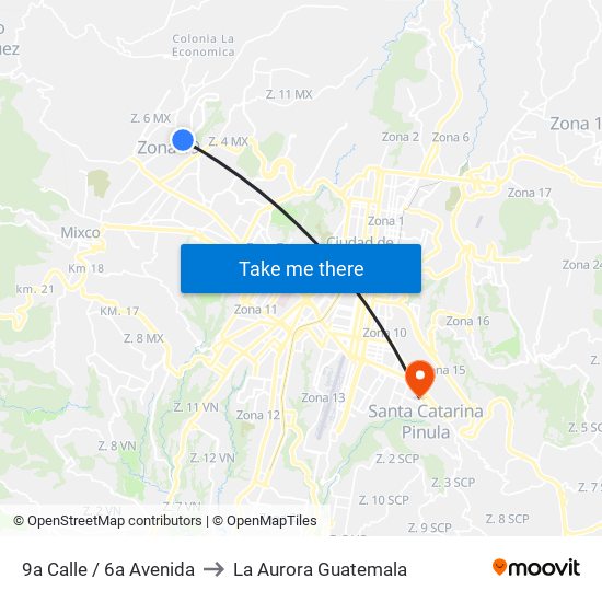 9a Calle / 6a Avenida to La Aurora Guatemala map