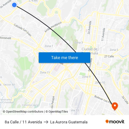 8a Calle / 11 Avenida to La Aurora Guatemala map