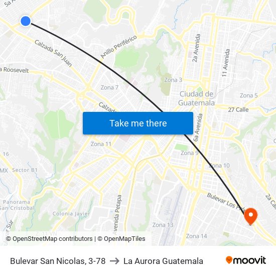 Bulevar San Nicolas, 3-78 to La Aurora Guatemala map
