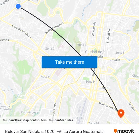 Bulevar San Nicolas, 1020 to La Aurora Guatemala map