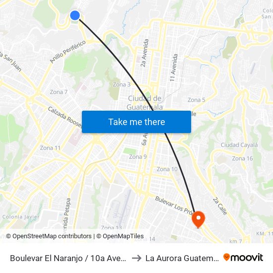 Boulevar El Naranjo / 10a Avenida to La Aurora Guatemala map