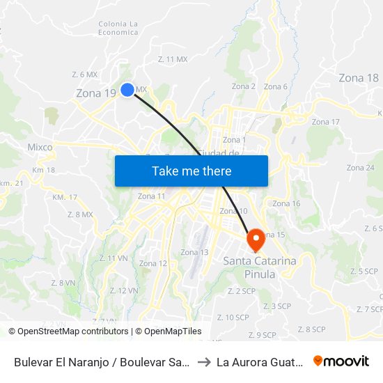Bulevar El Naranjo / Boulevar San Nicolás to La Aurora Guatemala map