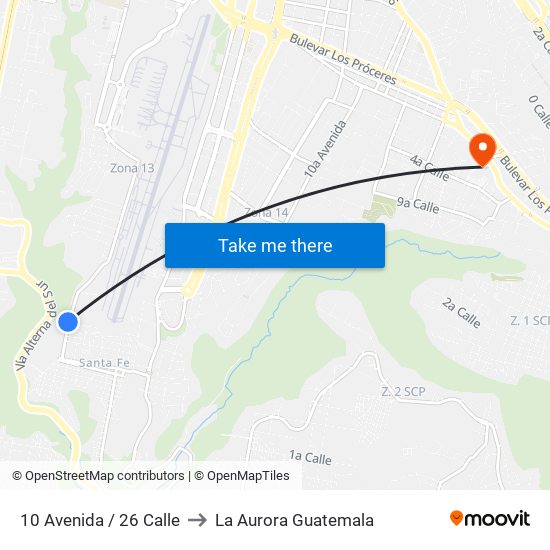 10 Avenida / 26 Calle to La Aurora Guatemala map