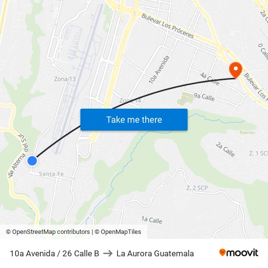 10a Avenida / 26 Calle B to La Aurora Guatemala map