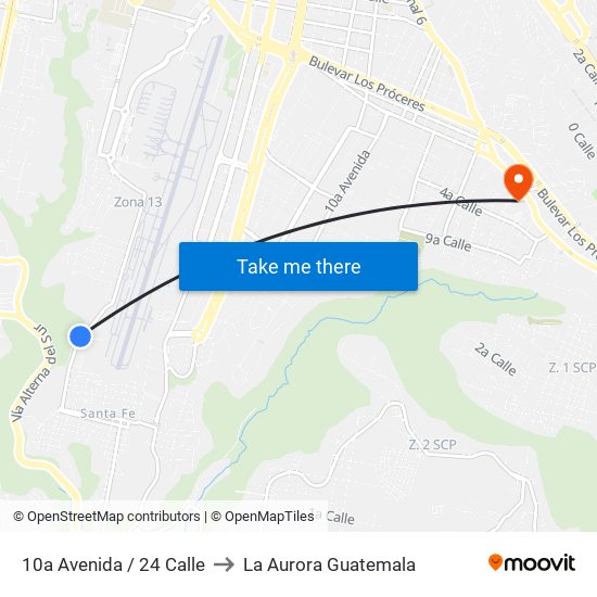 10a Avenida / 24 Calle to La Aurora Guatemala map