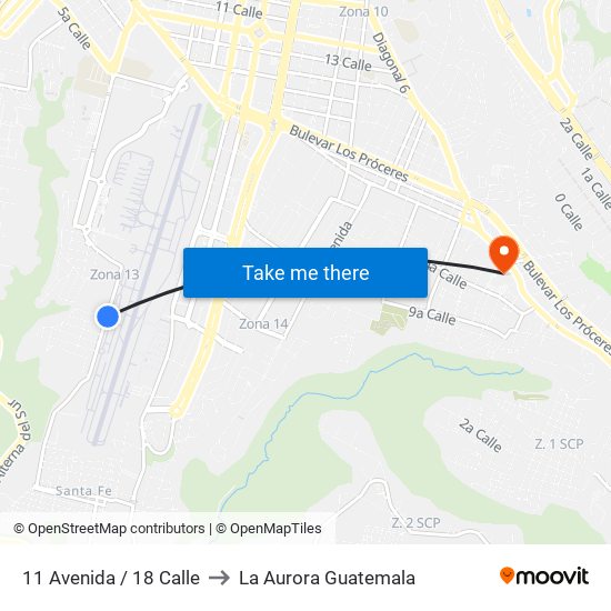 11 Avenida / 18 Calle to La Aurora Guatemala map