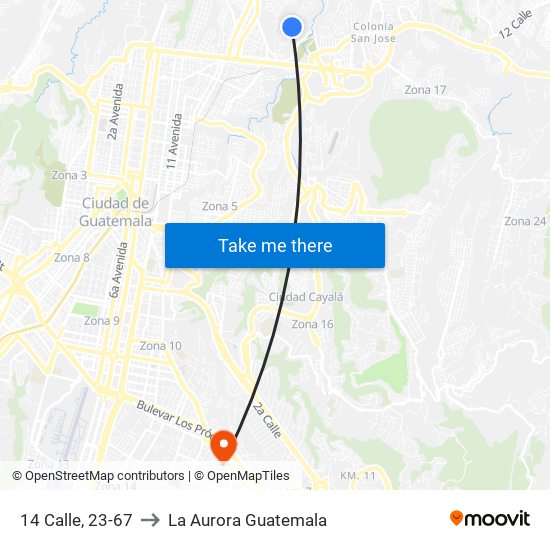 14 Calle, 23-67 to La Aurora Guatemala map