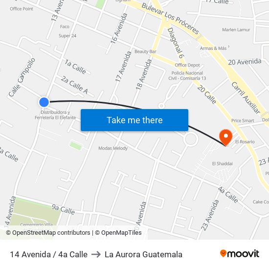 14 Avenida / 4a Calle to La Aurora Guatemala map