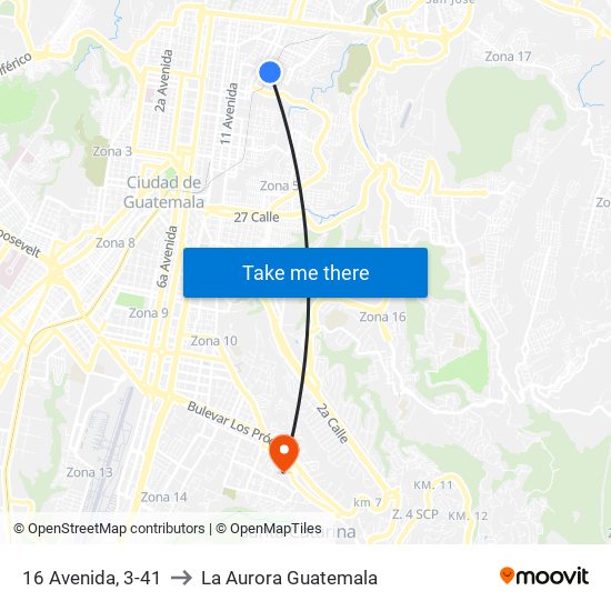 16 Avenida, 3-41 to La Aurora Guatemala map