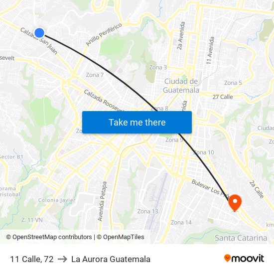 11 Calle, 72 to La Aurora Guatemala map