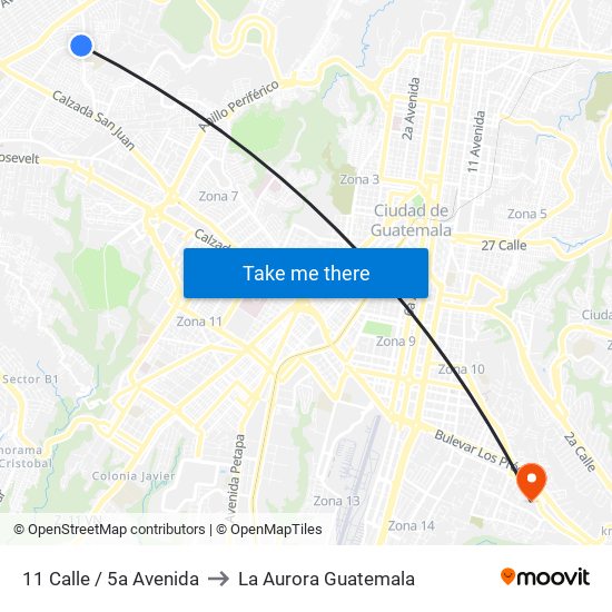 11 Calle / 5a Avenida to La Aurora Guatemala map