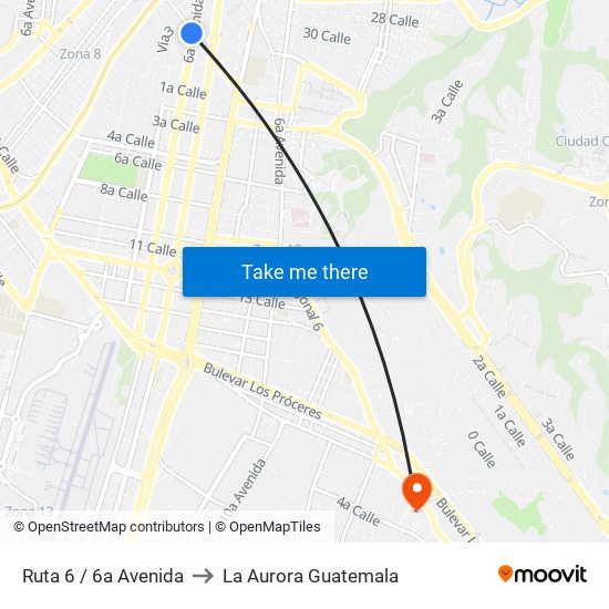Ruta 6 / 6a Avenida to La Aurora Guatemala map
