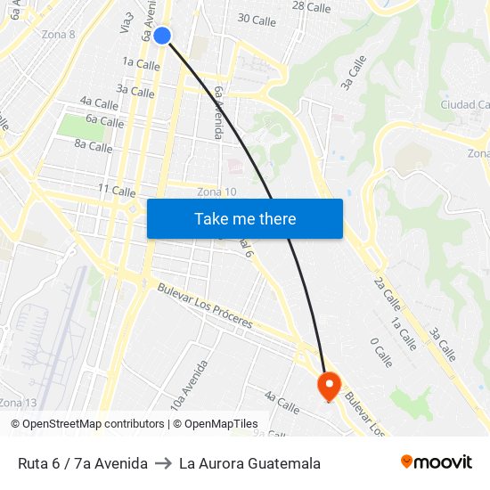 Ruta 6 / 7a Avenida to La Aurora Guatemala map