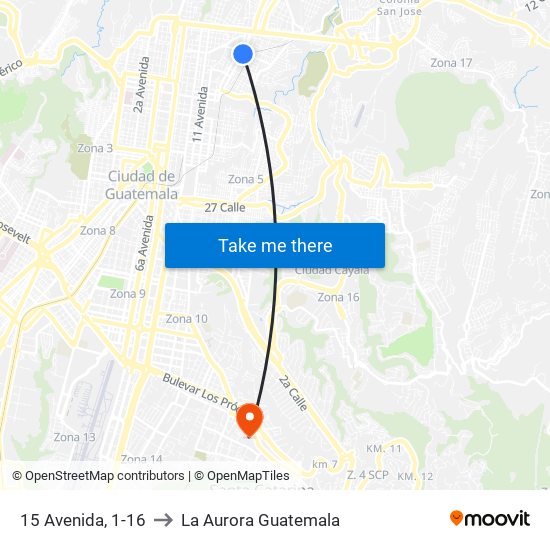 15 Avenida, 1-16 to La Aurora Guatemala map